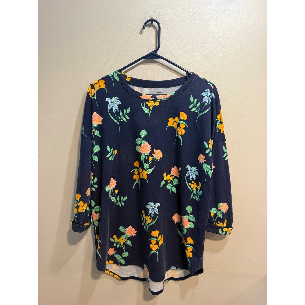 Crown & Ivy Womens Navy Blue Floral 3/4 Sleeve Sweatshirt Size M RN31104
